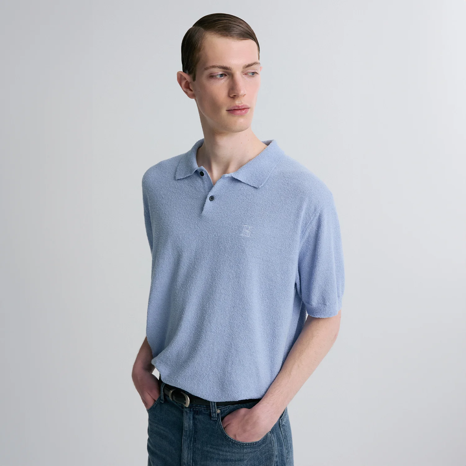 BOUCLE KNIT POLO SHIRT OCEAN