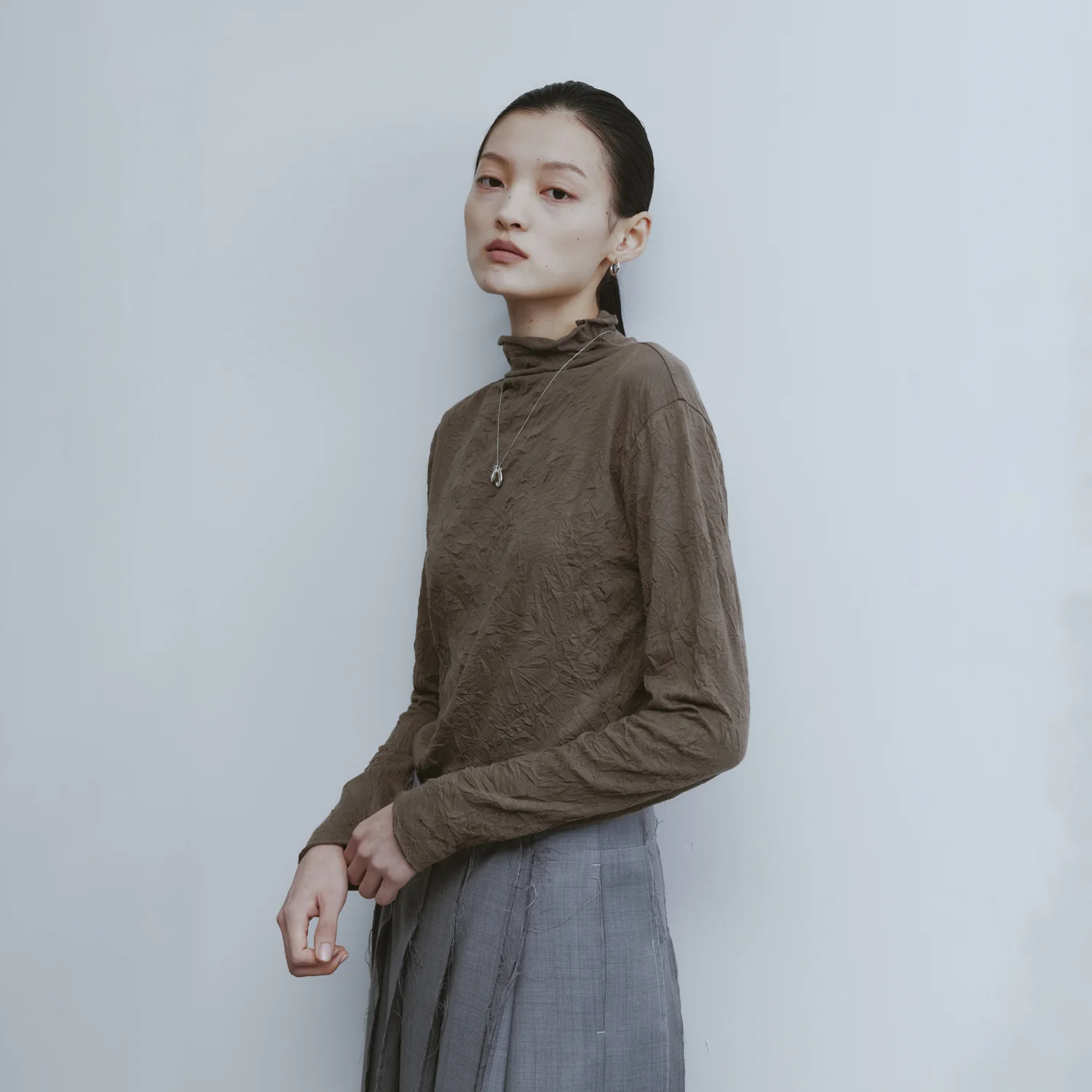 Mock-neck Jersey Top - Brown
