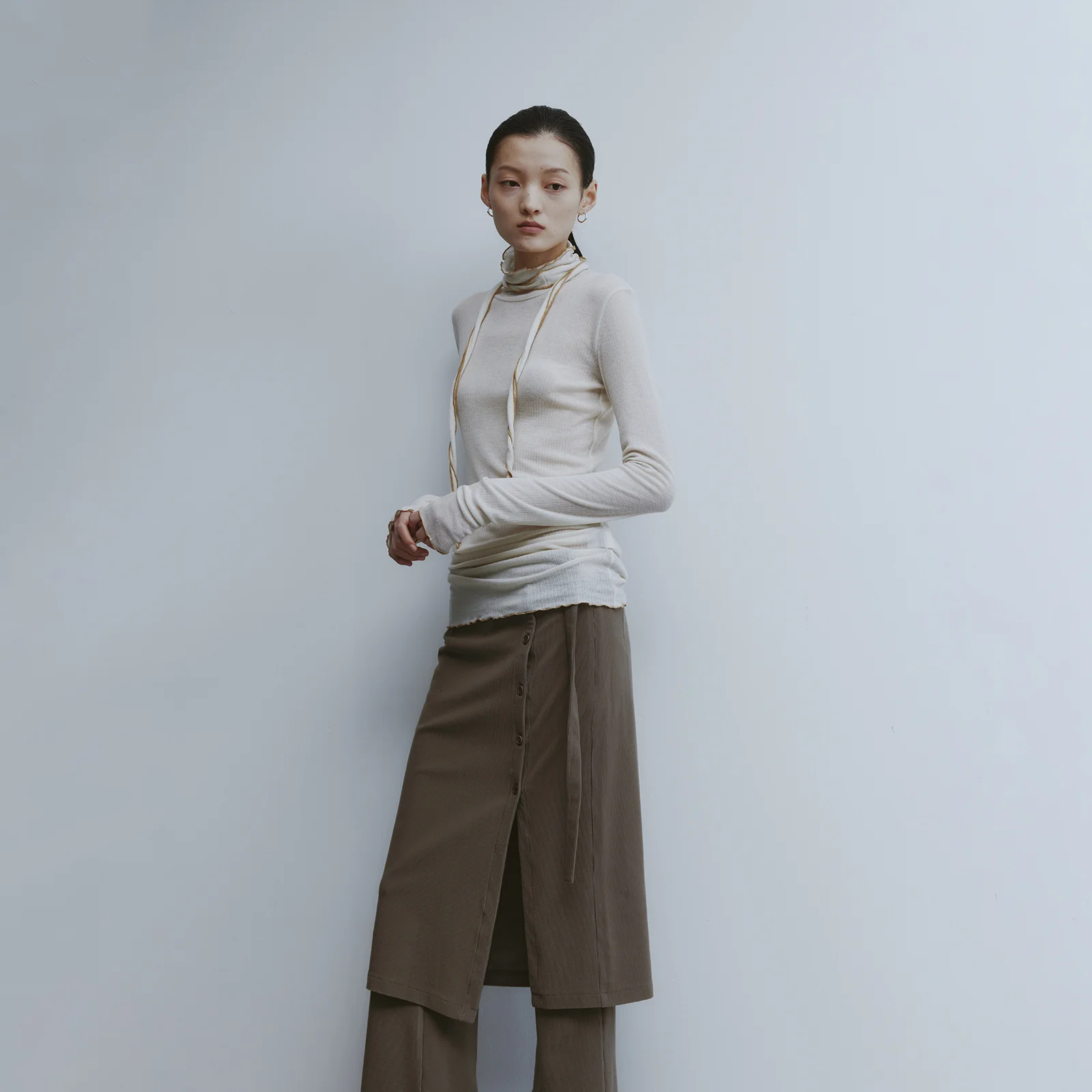 Tied High-neck Jersey Top-Ivory