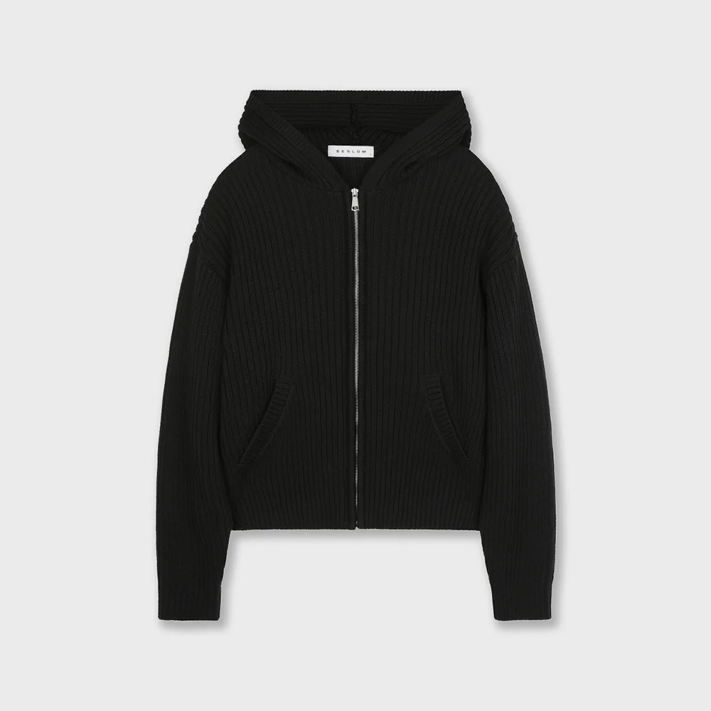 OVERSIZED HOOD KNIT ZIP UP BLACK