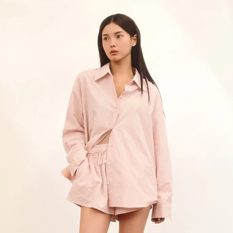 泡泡紗 條紋 襯衫 (Peach)