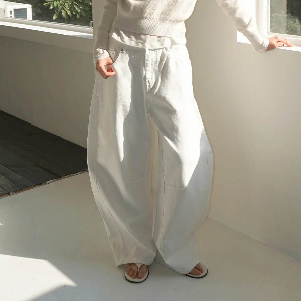 (woman) 全天 純棉 弧形 褲子_White