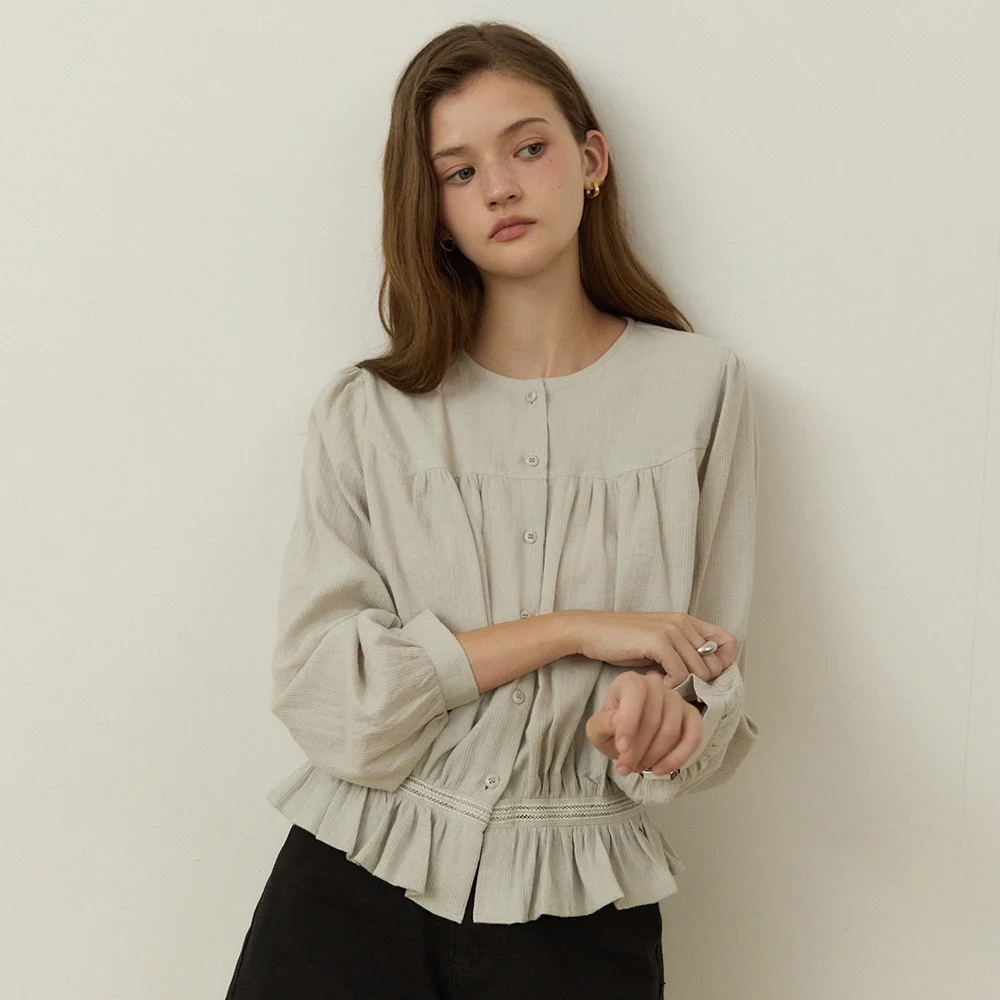 Jacquard shirring lace stripe blouse - ash khaki