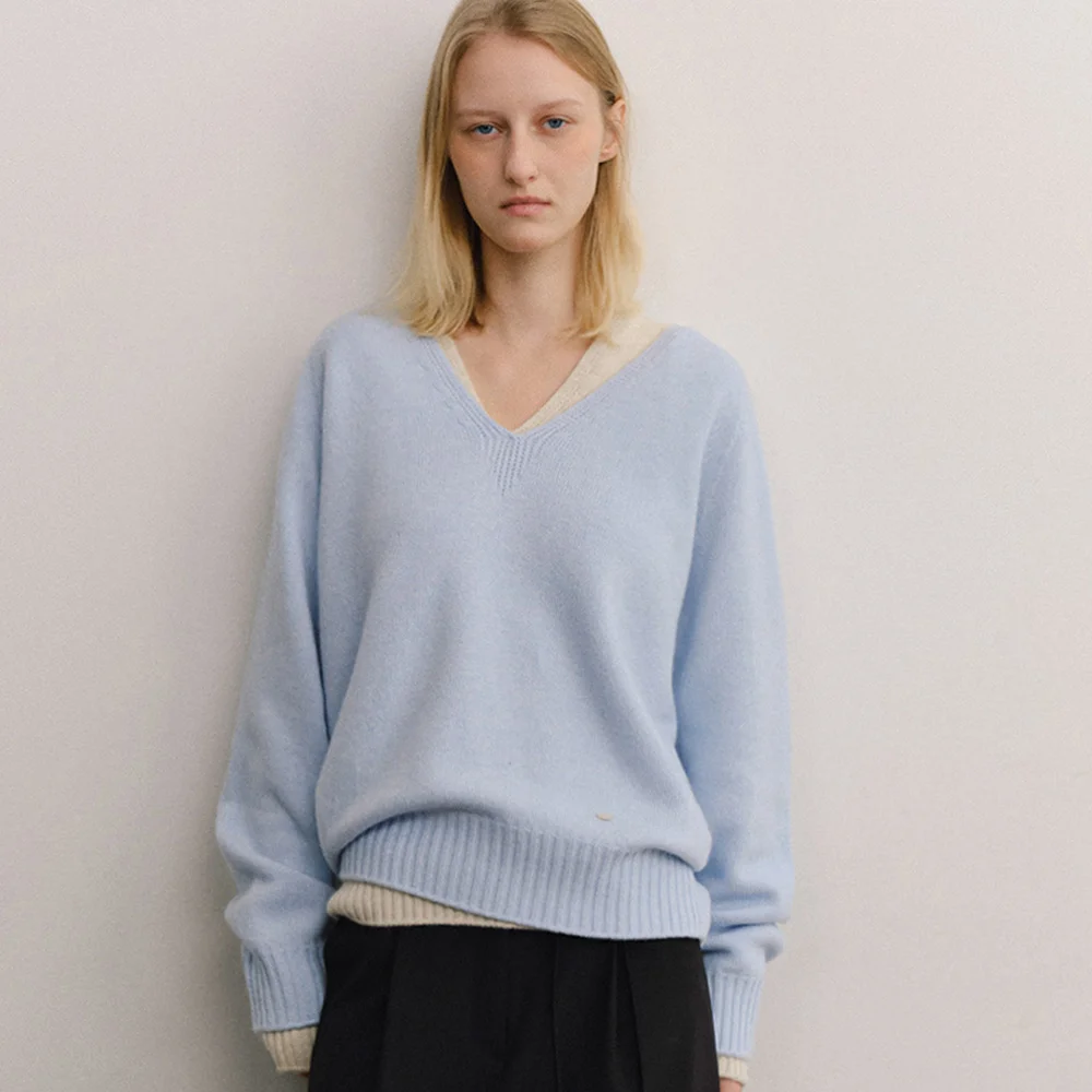 CASH MERINO WOOL V-NECK KNIT_SOFT BLUE