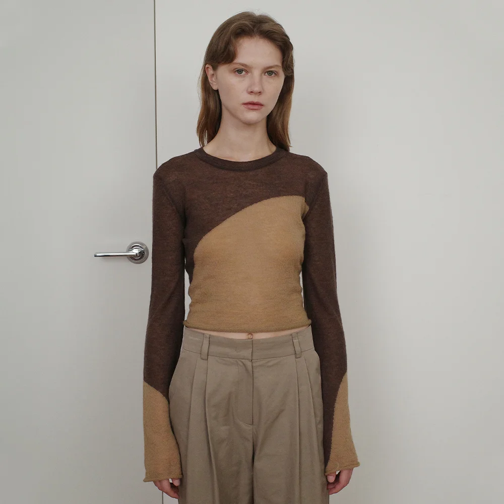 TWO TONE DRAWSTRING CROP TOP - BROWN