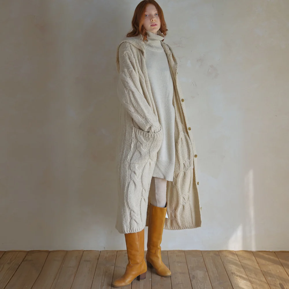 Tweed knit long hooded cardigan