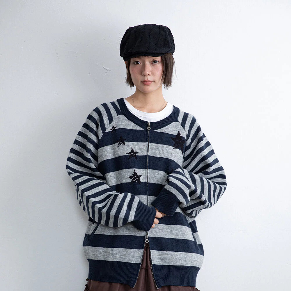 STAR STRIPE RAGLAN KNIT ZIP UP_NAVY(IK2FFMK685A)