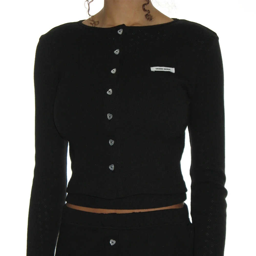 HEART BUTTON EYELET CARDIGAN_BLACK