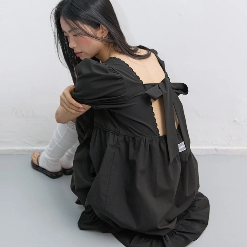 Puff Sleeve Ribbon Mini Dress Black