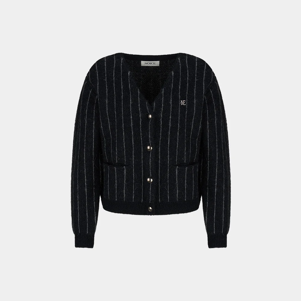 (W) STRIPE MOHAIR KNIT CARDIGAN - BLACK