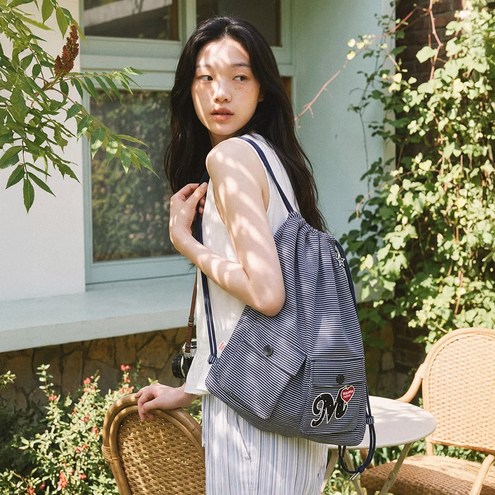 Two pocket patch stripe gym sack_Navy stripe