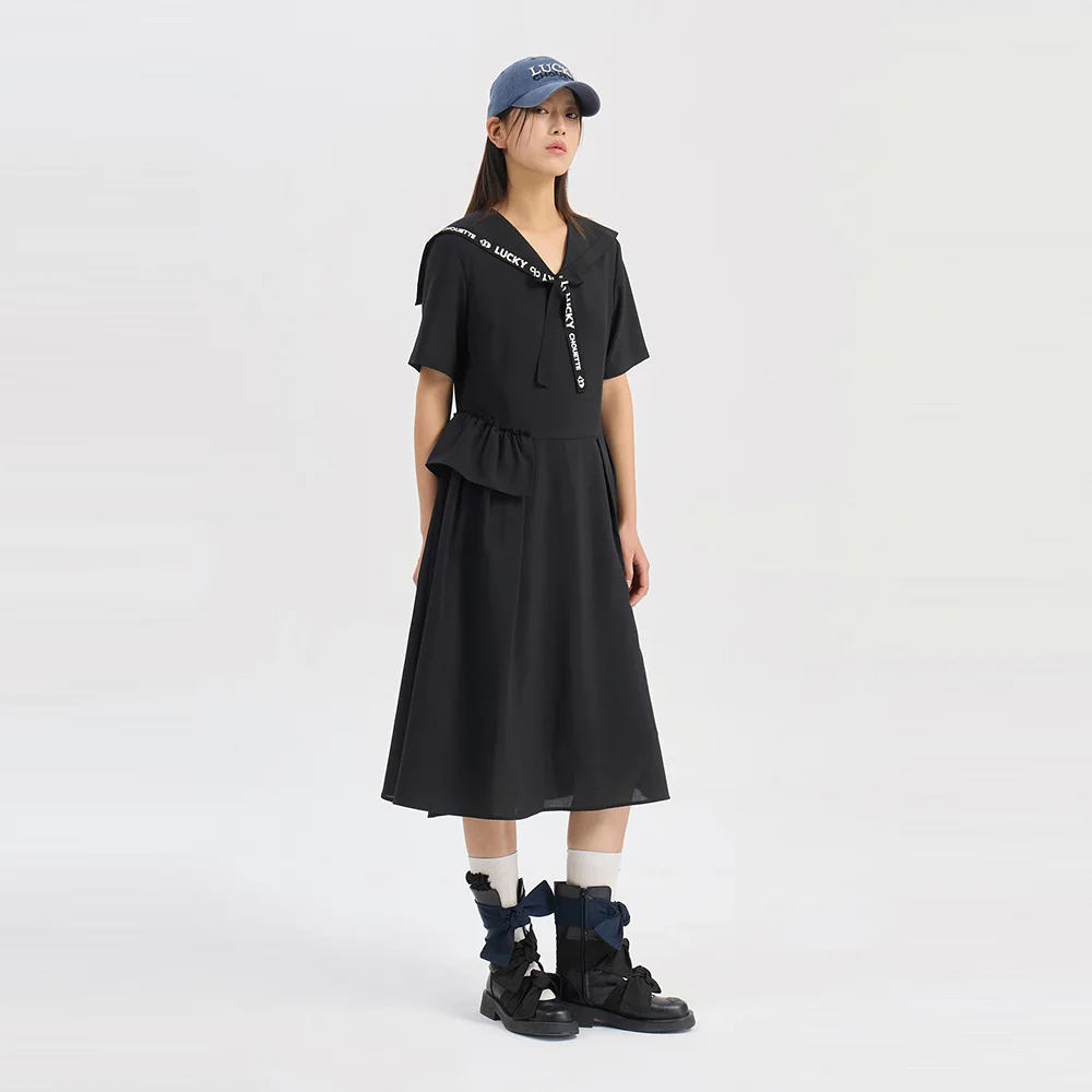 Lettering Tape Point Sailor Short Sleeve Long Dress (black) LFDAM26430BKX