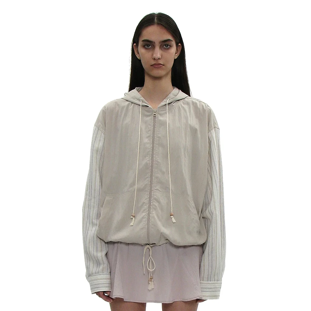 STRIPE SLEEVE HOODED JACKET_BEIGE