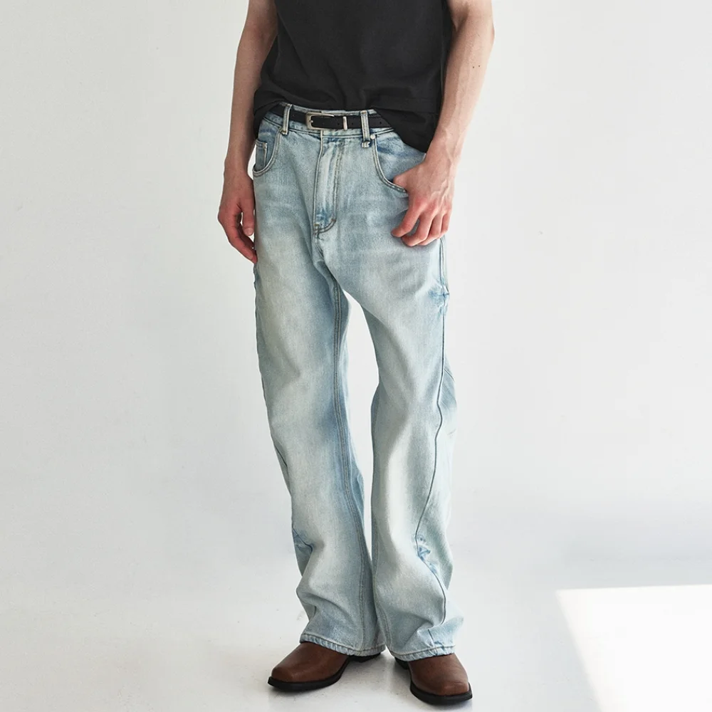 Wave Cutting Denim Pants Light Blue