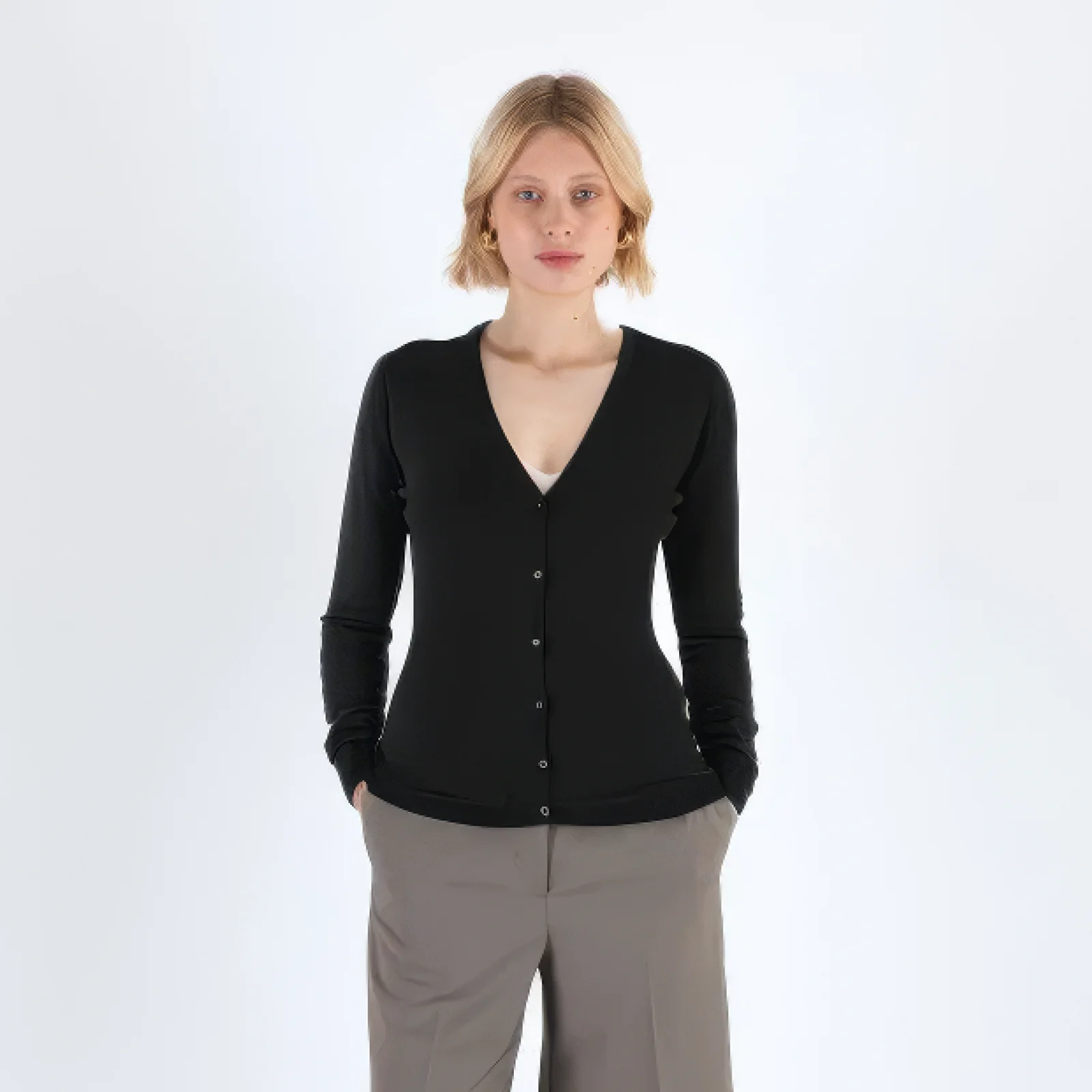 Extra Fine Merino Wool V Neck Knit Cardigan KEAL_5 Colors
