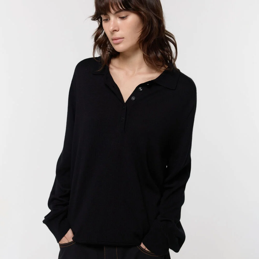 WOOL SILK POLO KNIT / BLACK
