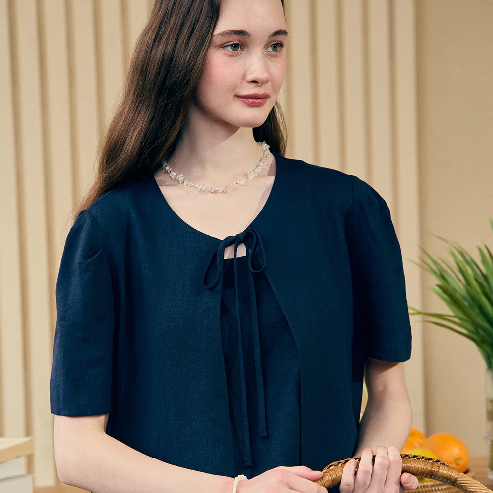 Linen Half Sleeve Cardigan - Navy
