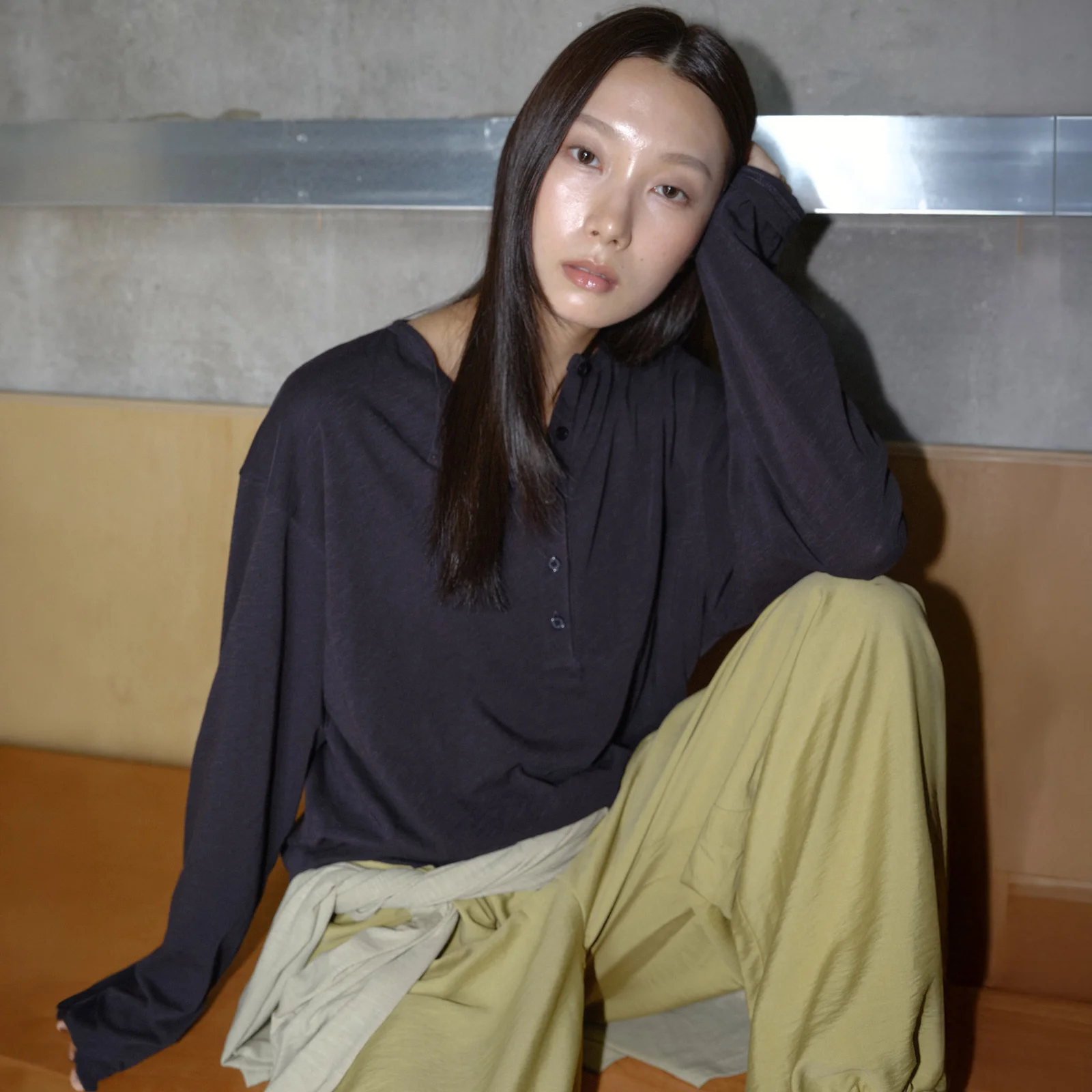 SLUB OVERSIZED HENLEY T-SHIRT / DARK NAVY