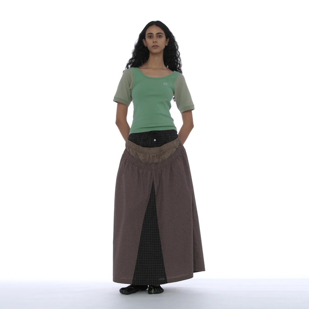MULTI LAYERED MAXI SKIRT_BROWN CHECK