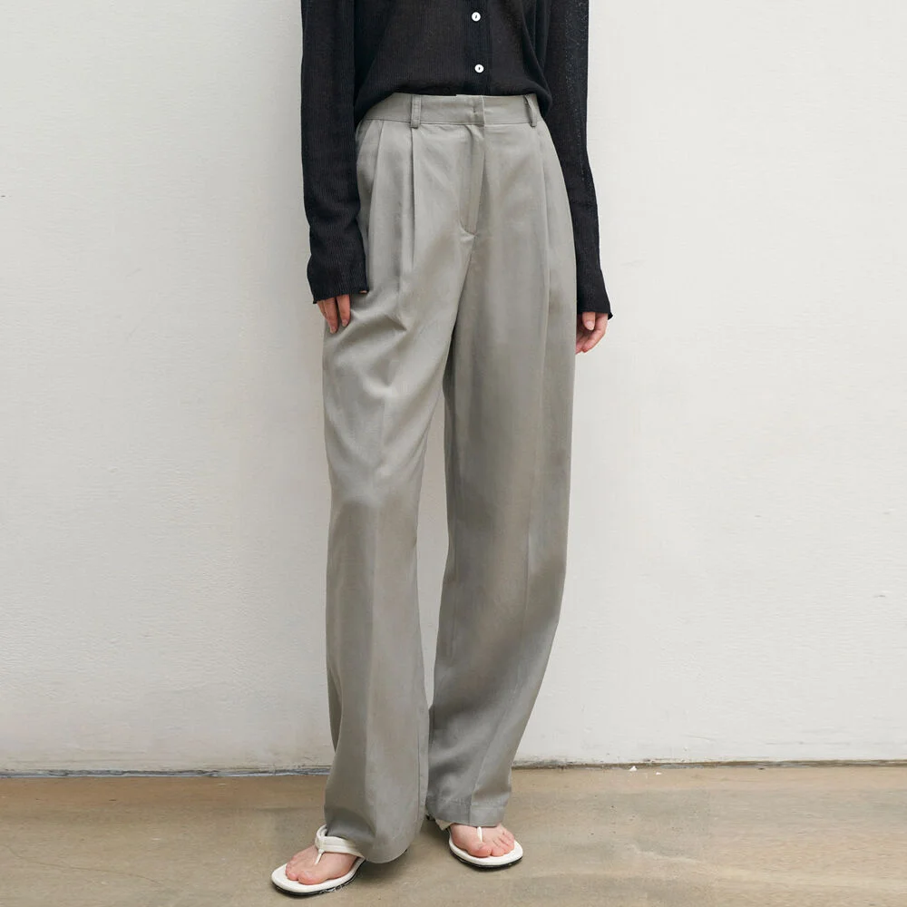 MORI LINEN PINTUCK SLACKS_KHAKI