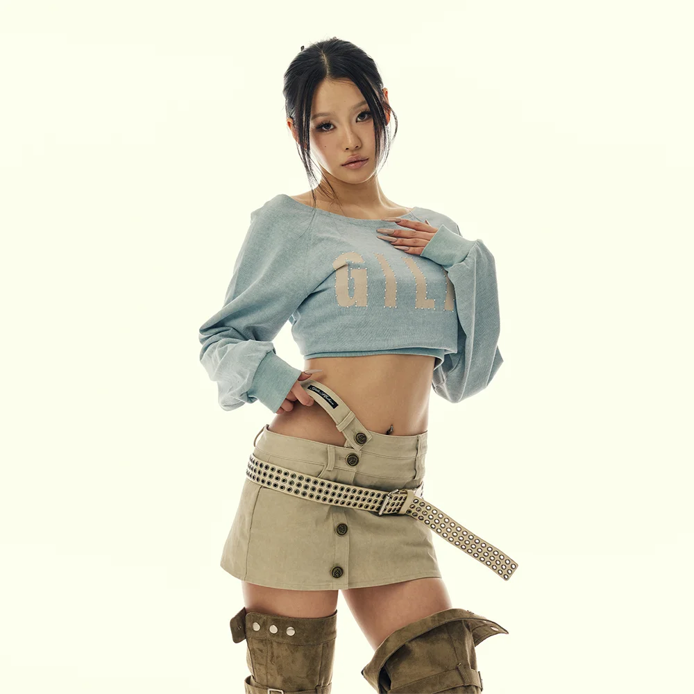CUT OUT DOUBLE WAIST BUTTON SKIRTS_BEIGE