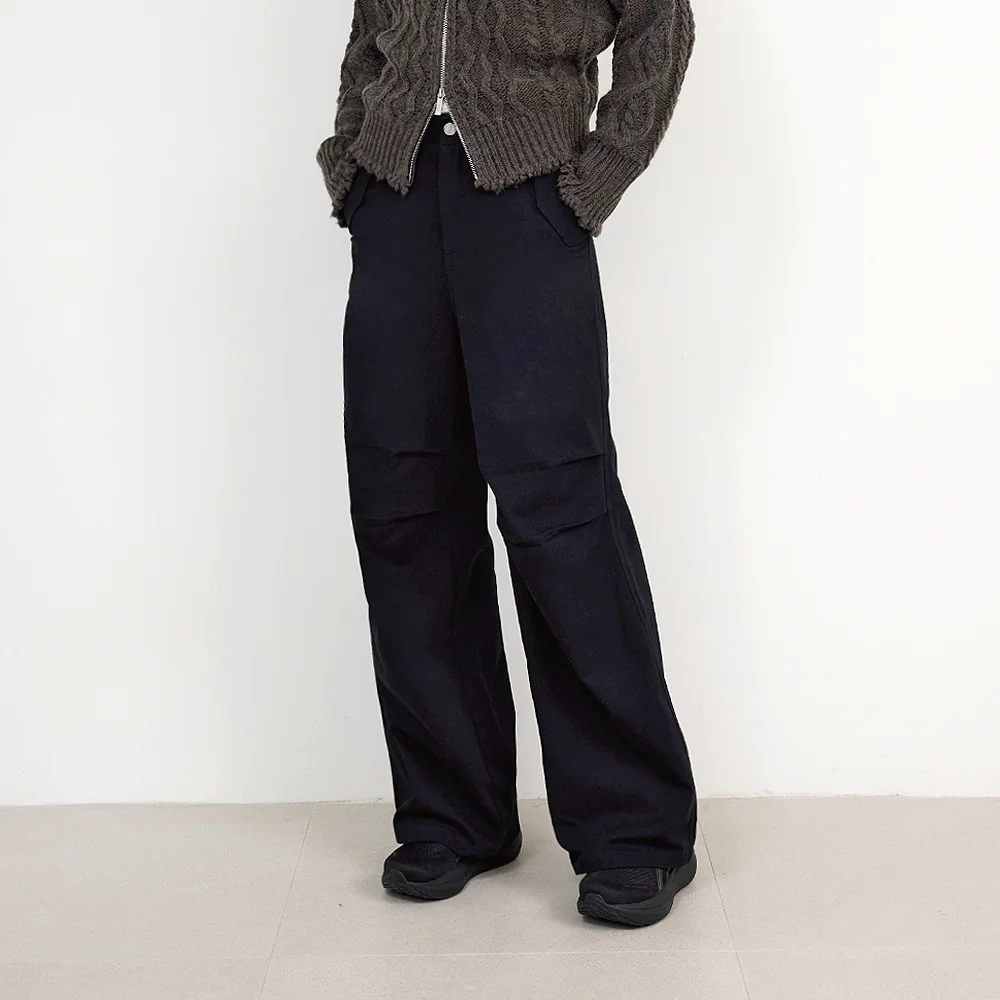 Front Two-Tuck Cotton Wide Pants (Black)