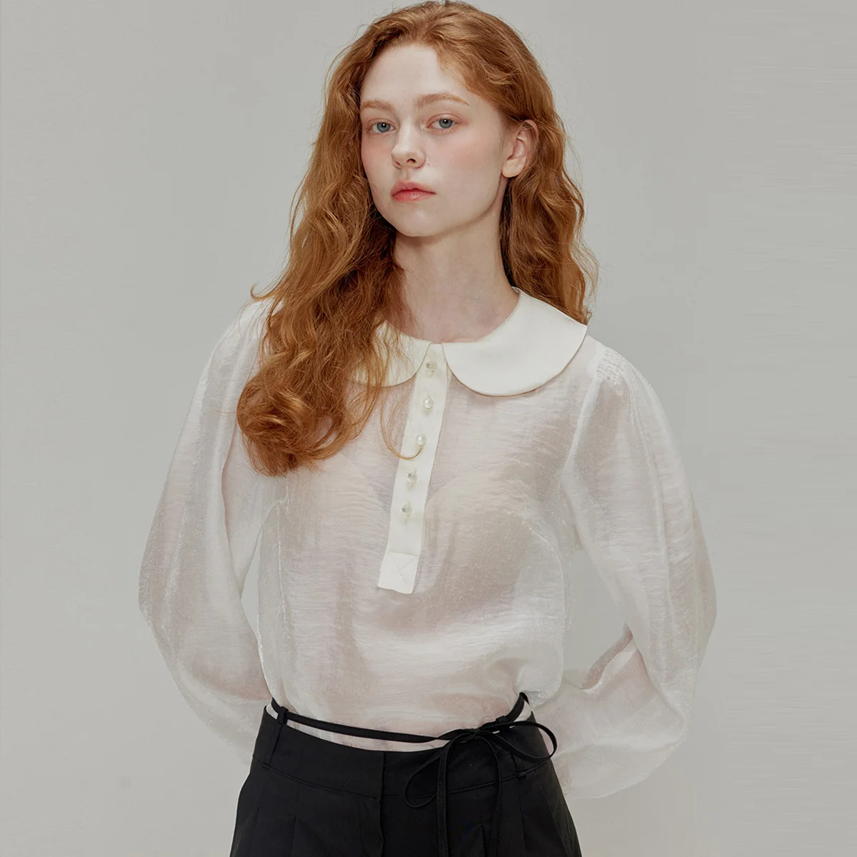Round collar see-through blouse_Ivory