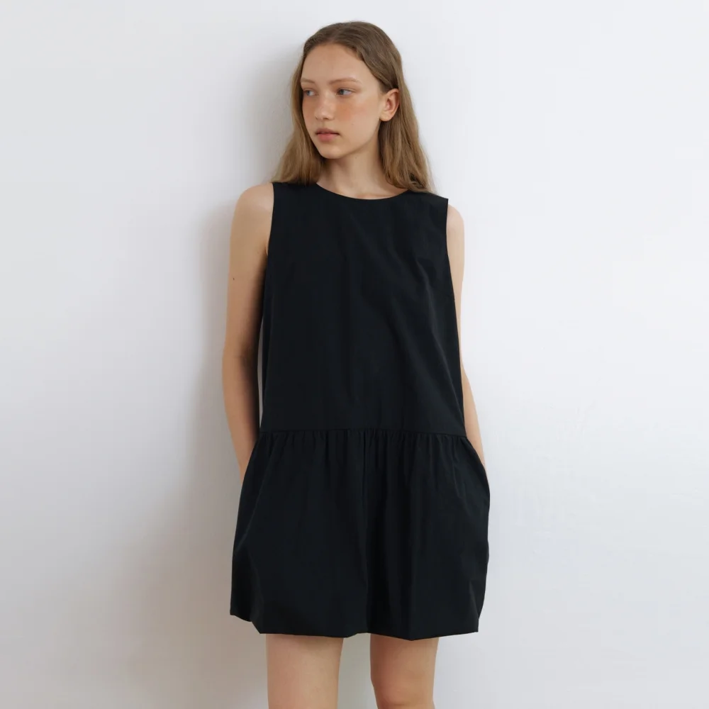 BANDING BALLOON MINI DRESS BLACK