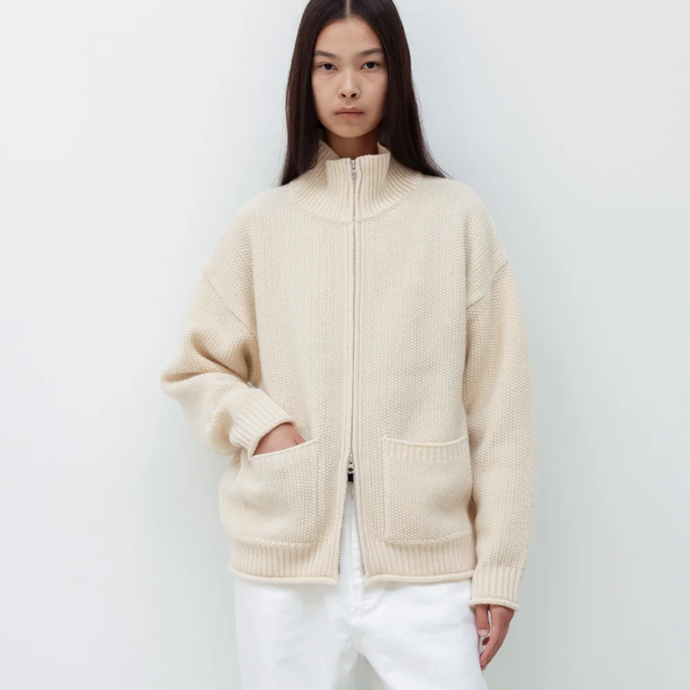 Shetland Wool Zip-Up Cardigan (Ivory)