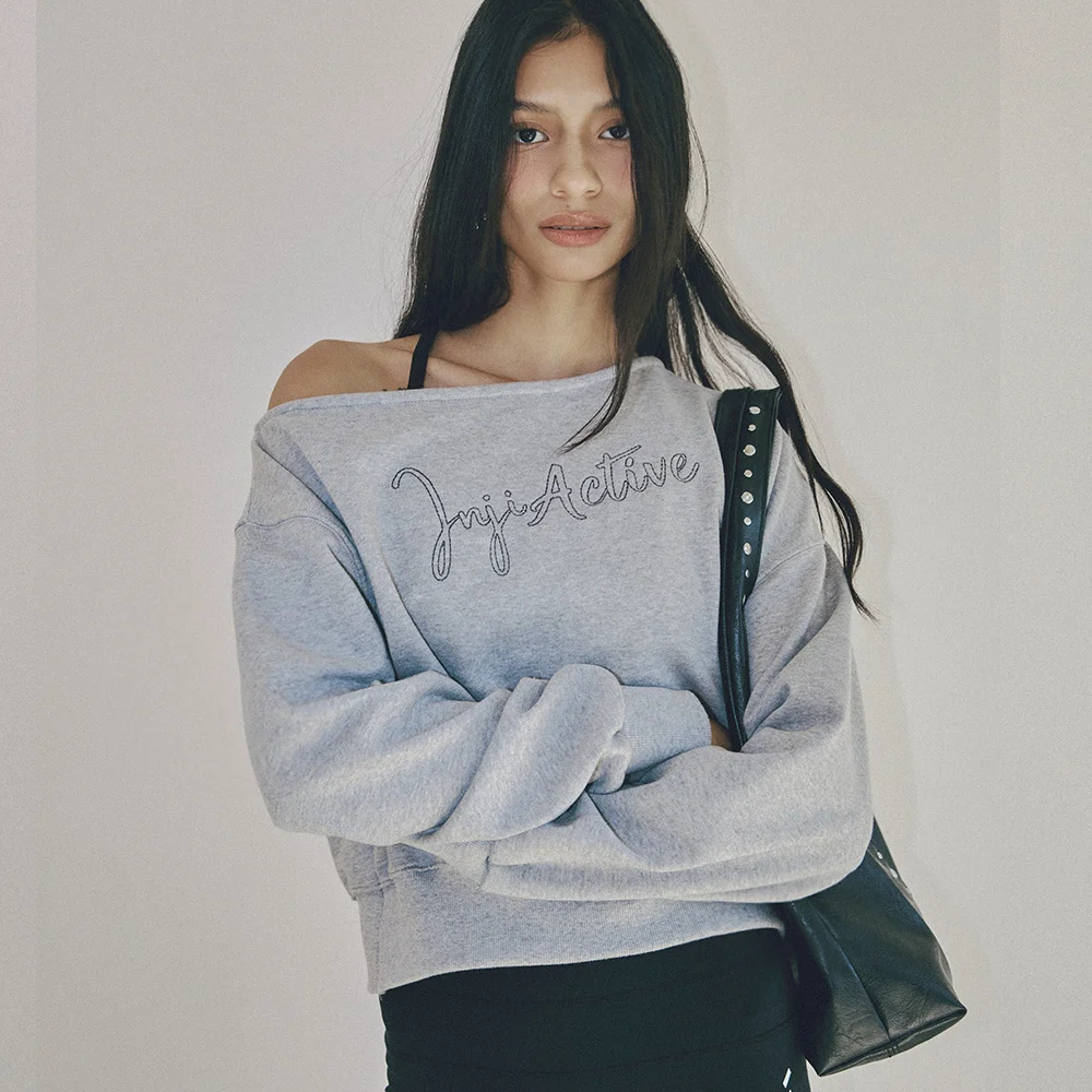 Script Off-Shoulder Sweatshirt 灰色