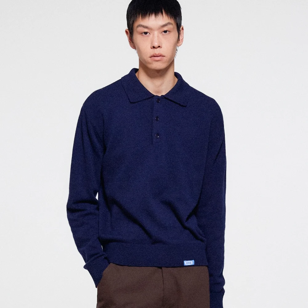 MEN WOOL BLEND POLO SWEATER - NAVY