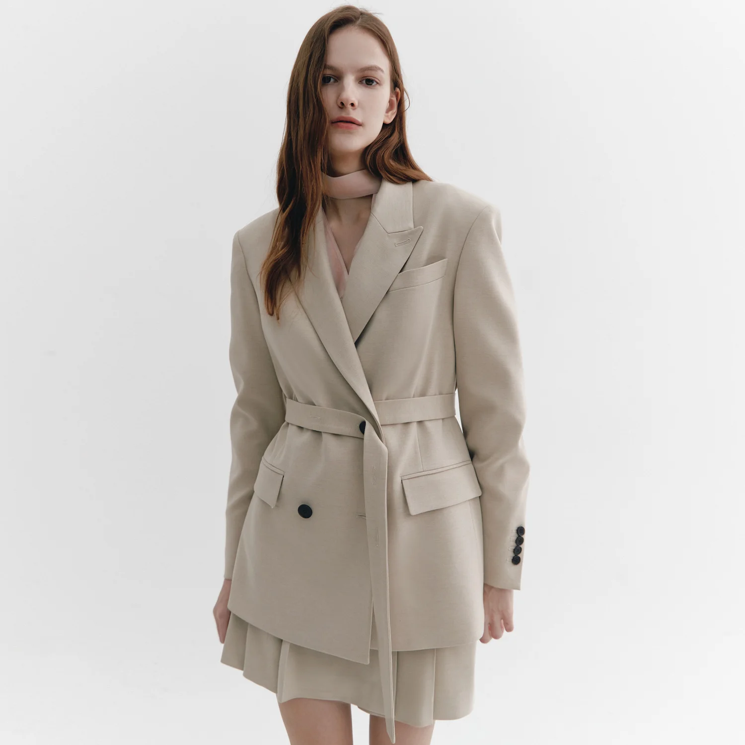 Wool-Blend Belted Double-breasted Blazer BEIGE