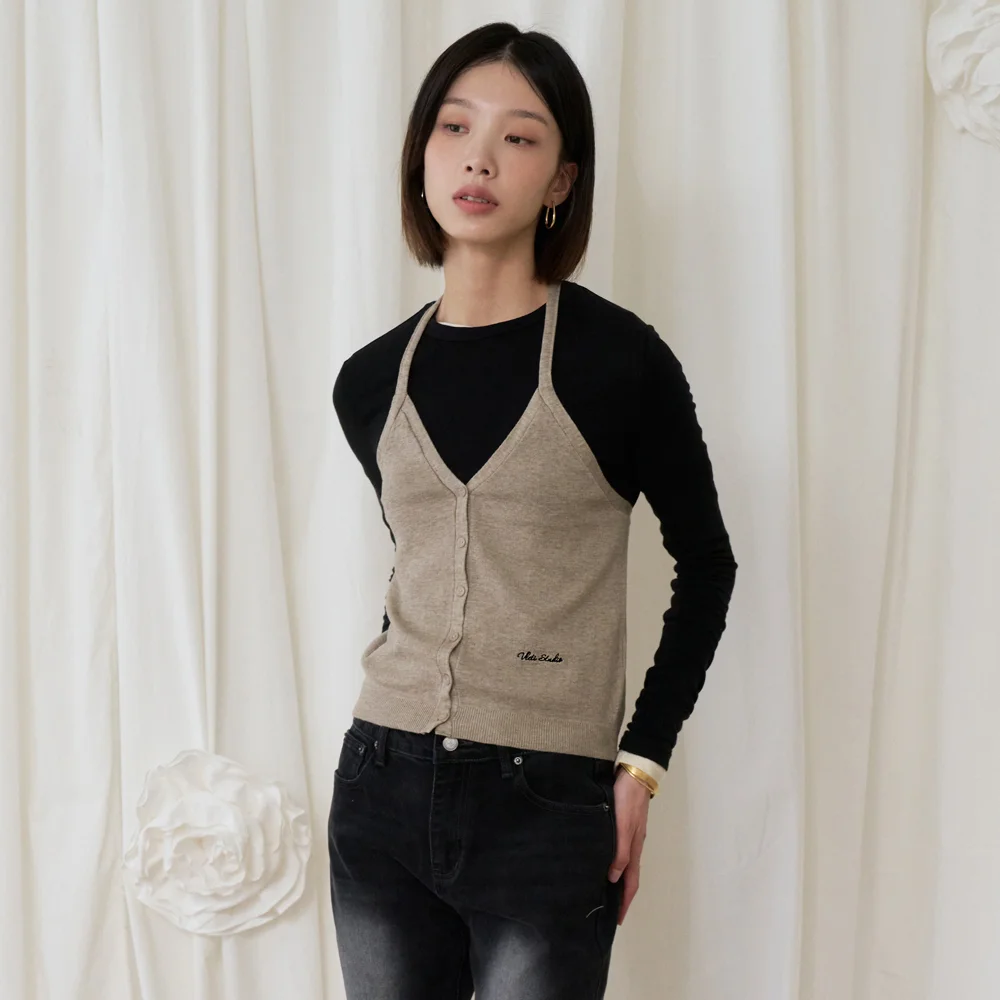 Merino Wool Button Halter V-Neck Knit Vest (Beige)