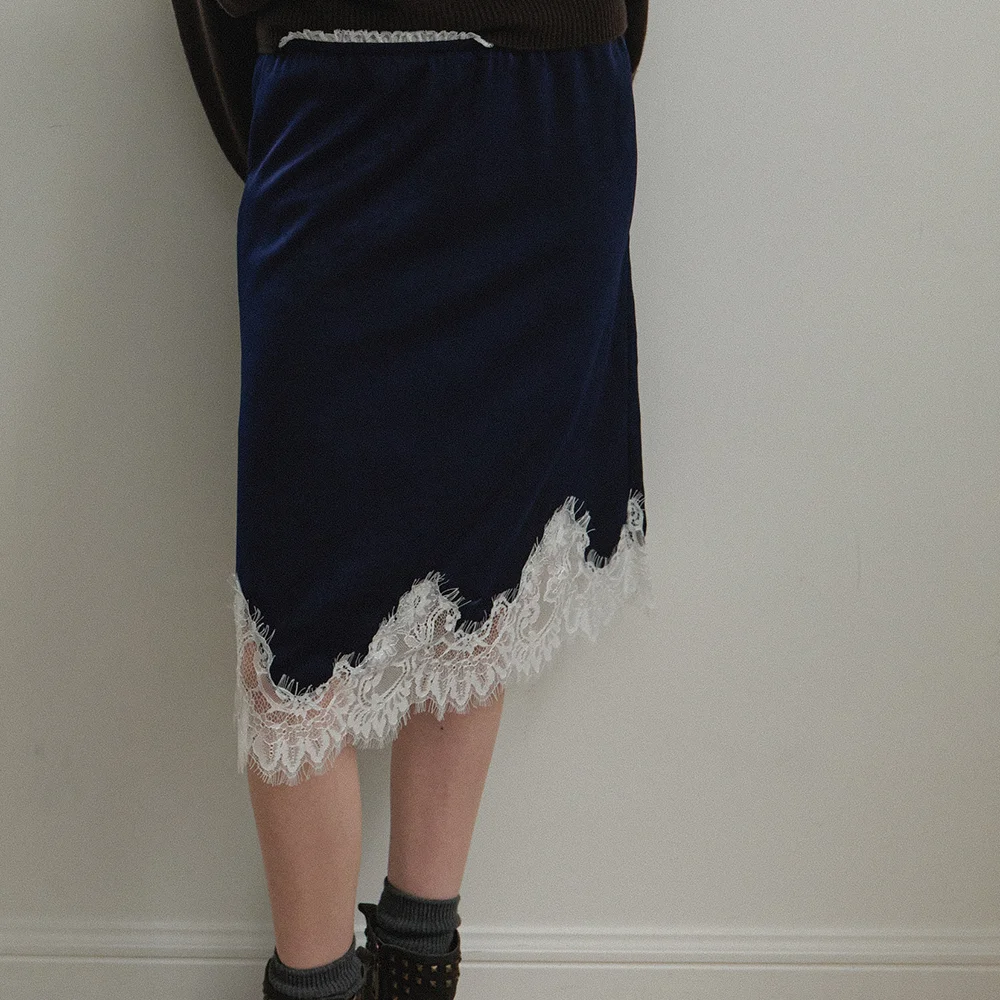 Cecillia satin lace midi skirt_navy