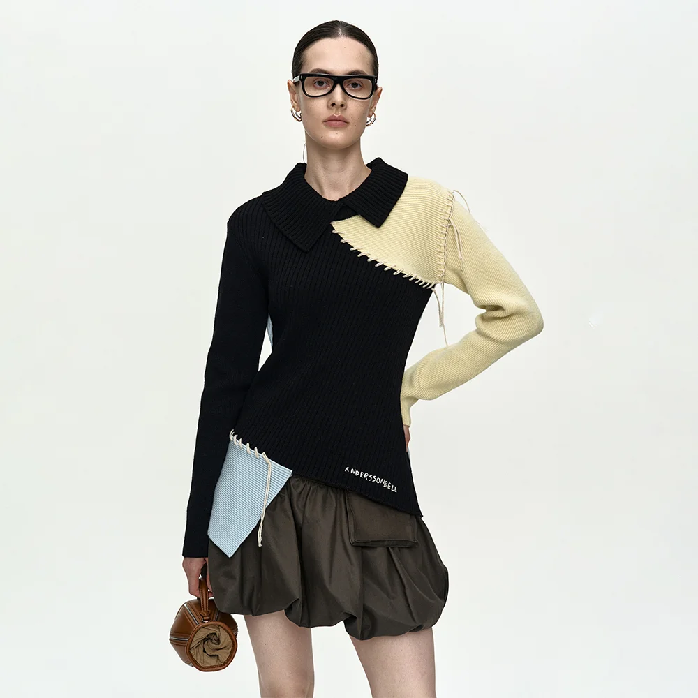 ASYMMETRIC PANEL COLLAR SWEATER atb1476w(BLACK)