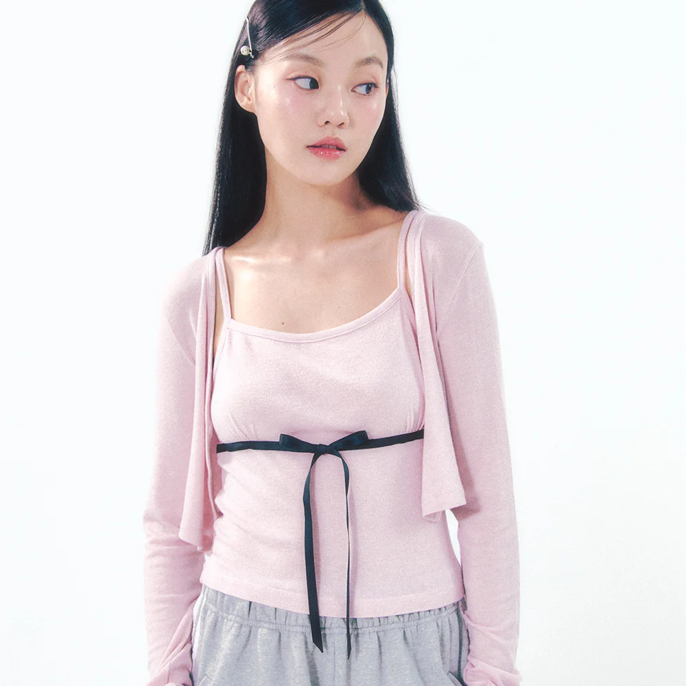 Knit Ribbon Shirring Top Set Pink