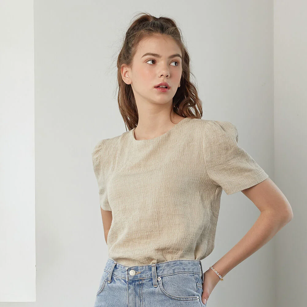 LINEN SHIRRING SHIRT_BEIGE