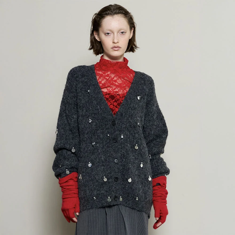 (W) SPANGLE KNIT CARDIGAN (GRY)