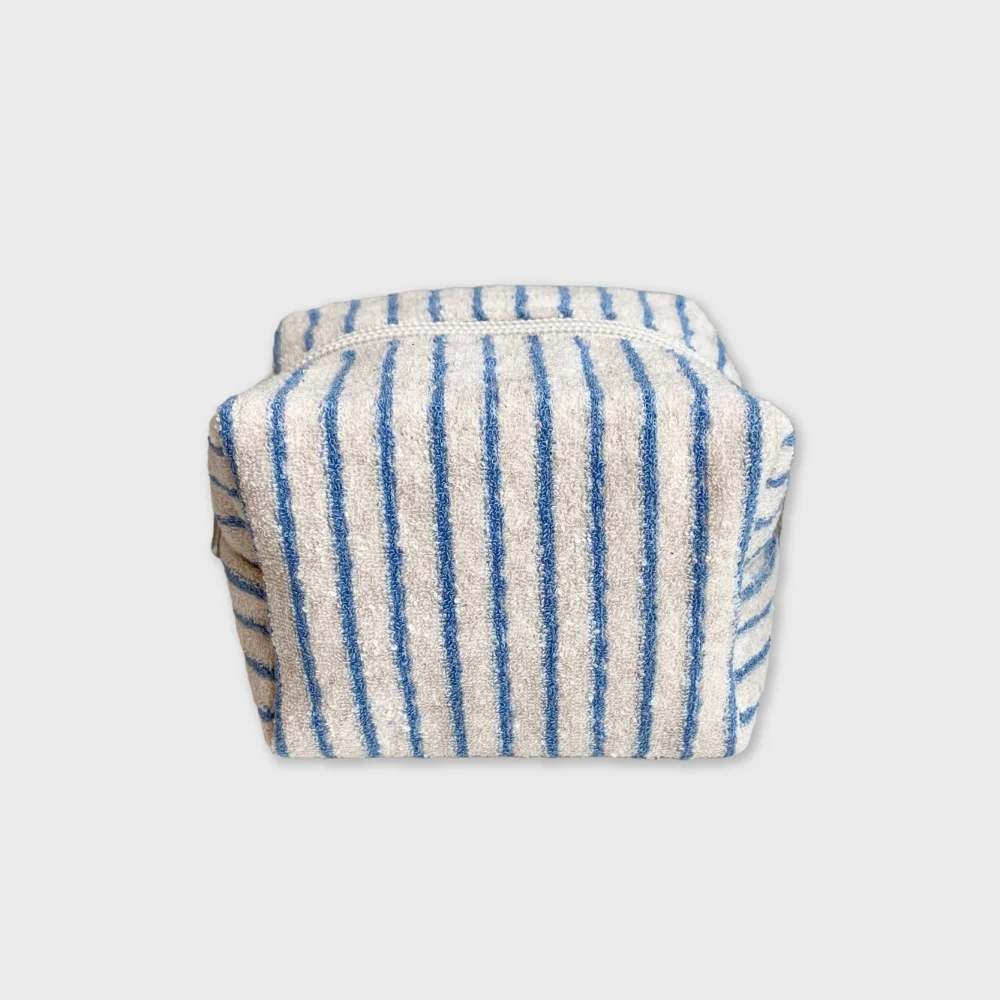 條紋 毛圈布 化妝袋 (燕麥藍, S/L)