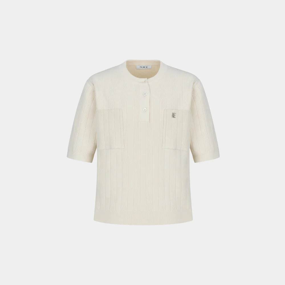 (W) HENLEY CASHMERE BLEND KNIT TOP - IVORY