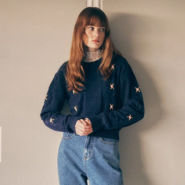 HAND FLOWER EMBROIDERY KNIT NAVY