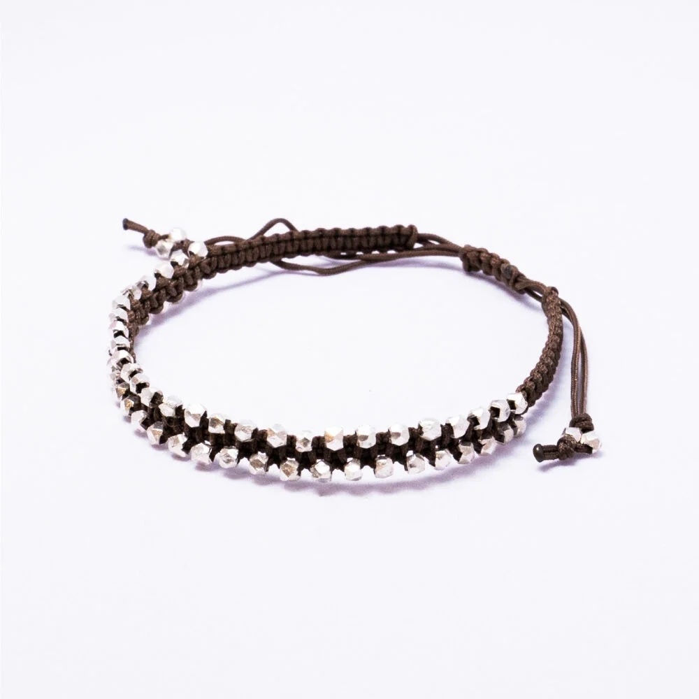 HR 311B_Silver Ball Fabric Bracelet (Brown)