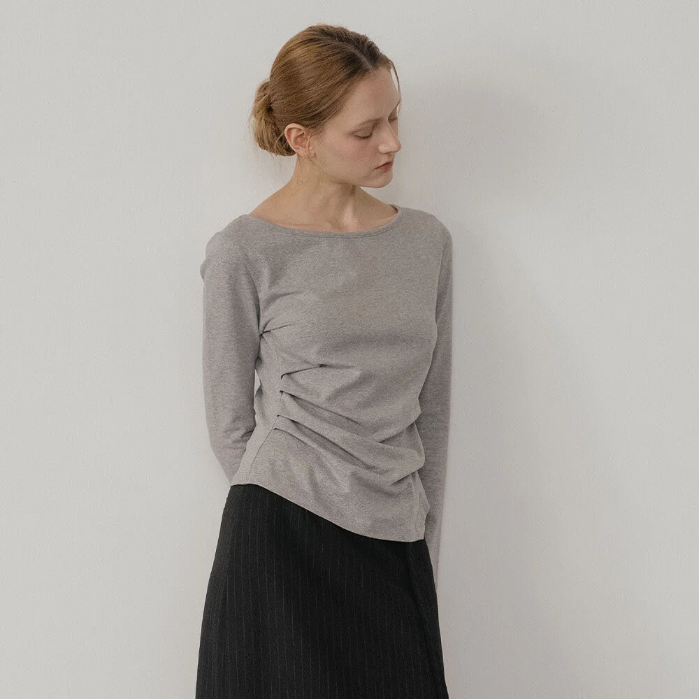 Shirring-tuck longsleeve T-shirt _Melange gray