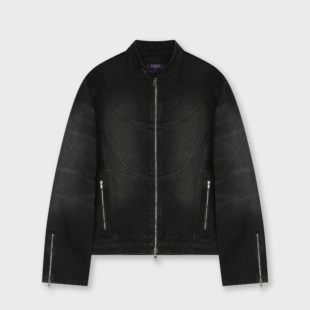 MOTOCYCLE WASHED DENIM JACKET FADE BLACK