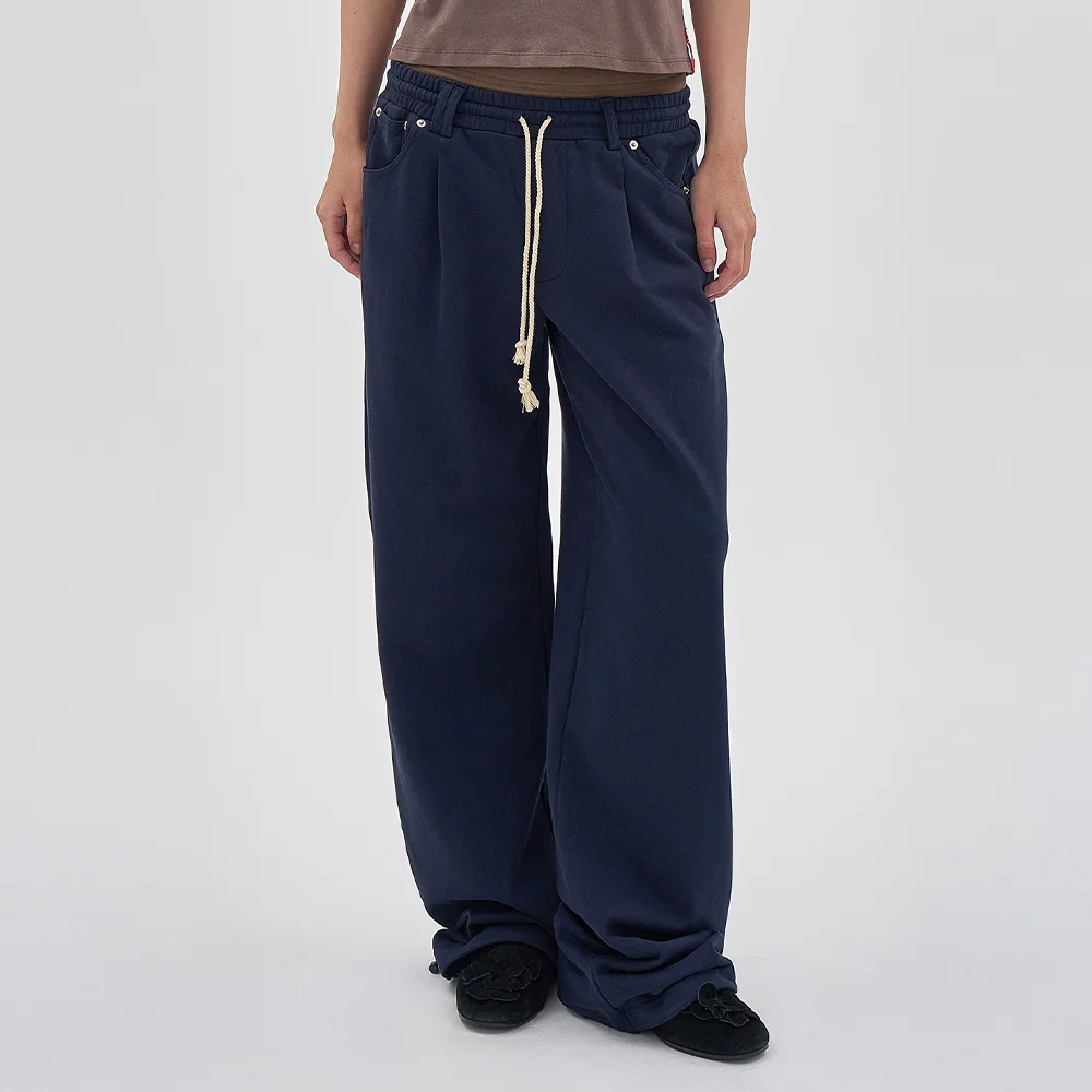 DOUBLE WAIST PLEATED WIDE LEG SWEATPANTS_NAVY