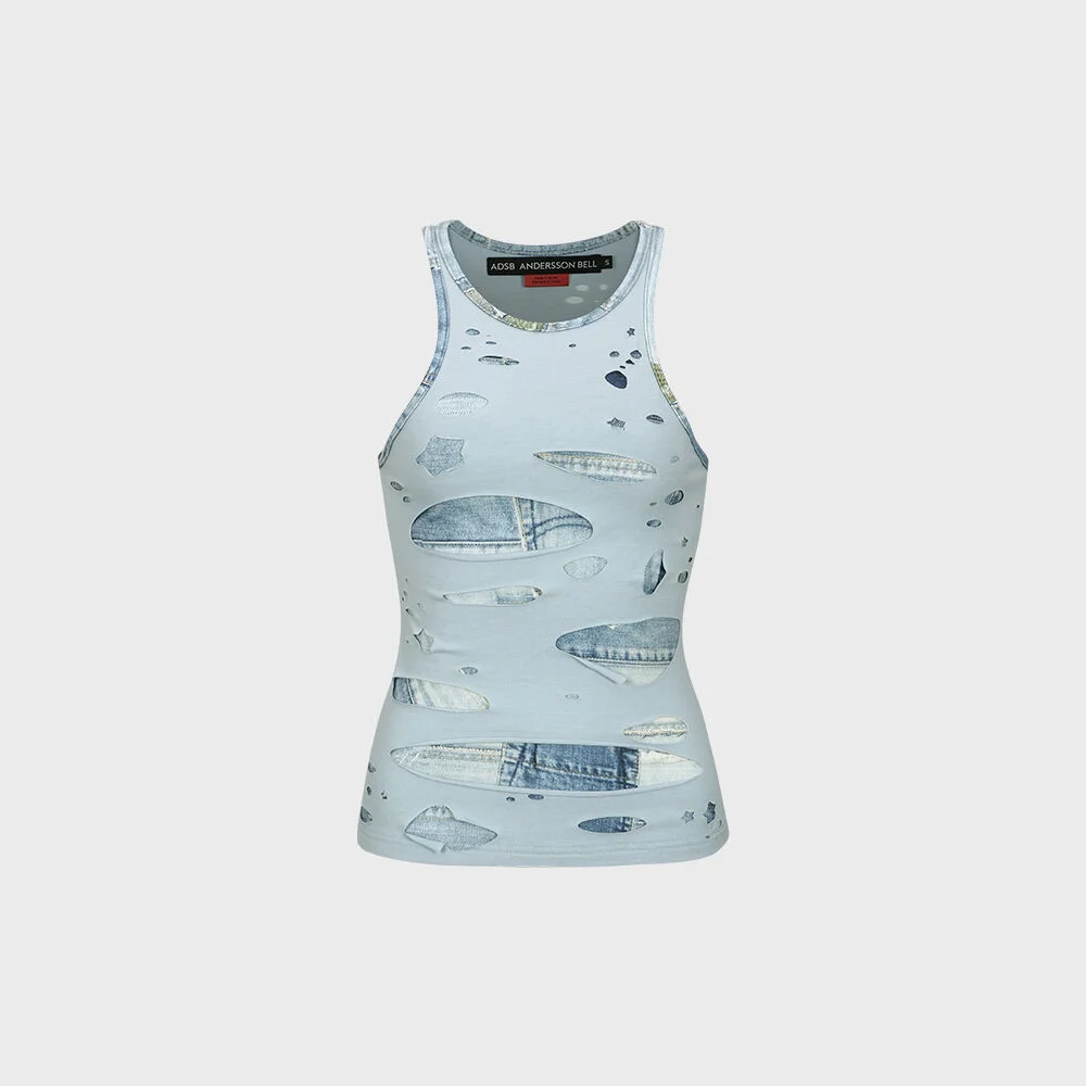 TATY LASER CUT-OUT SLEEVELESS TOP atb1115w(L/BLUE)