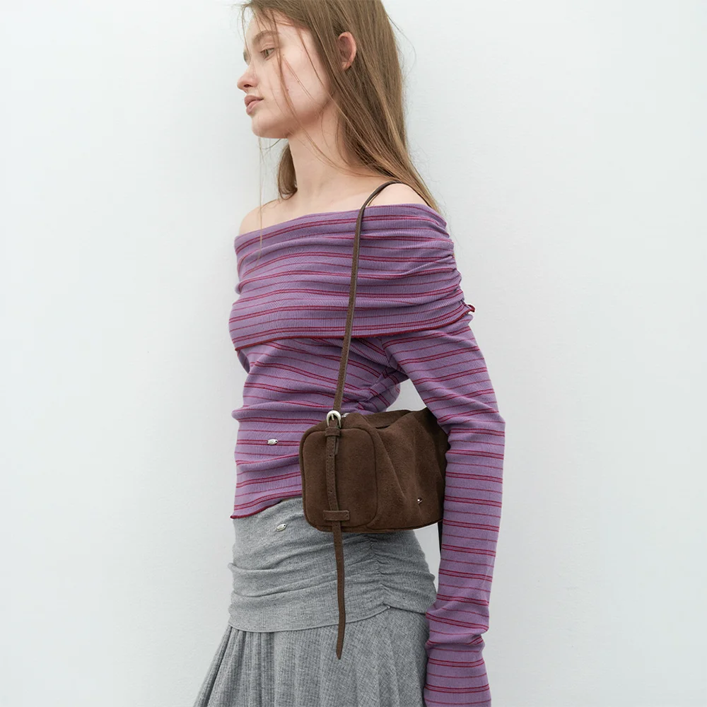 (T-7279)STRIPE INTERLOCK OFF SHOULDER TEE