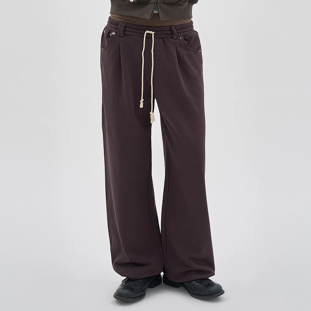 DOUBLE WAIST PLEATED WIDE LEG SWEATPANTS_RED BEAN