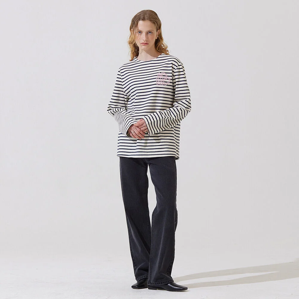 AD&heart embroidery stripe t shirts - pink