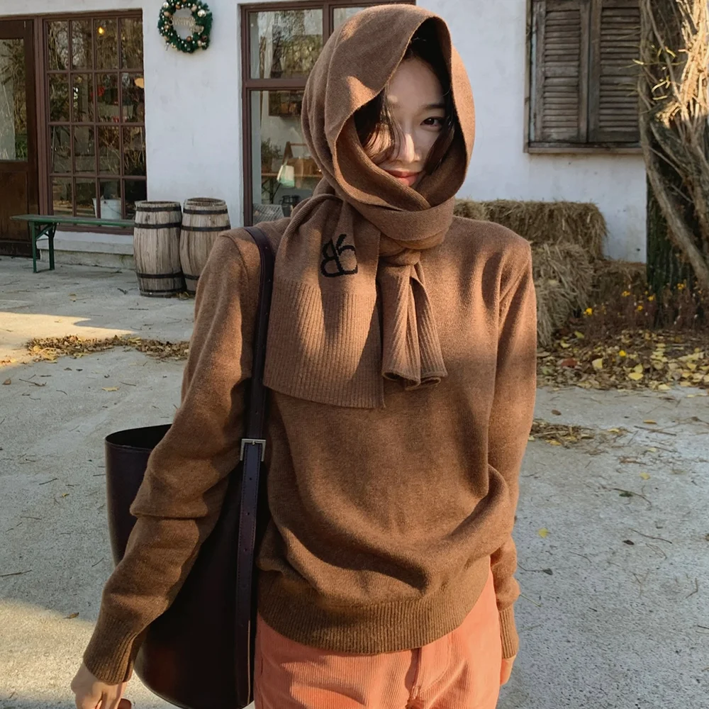 羊絨 圓領 色 針織衫 (Brown)